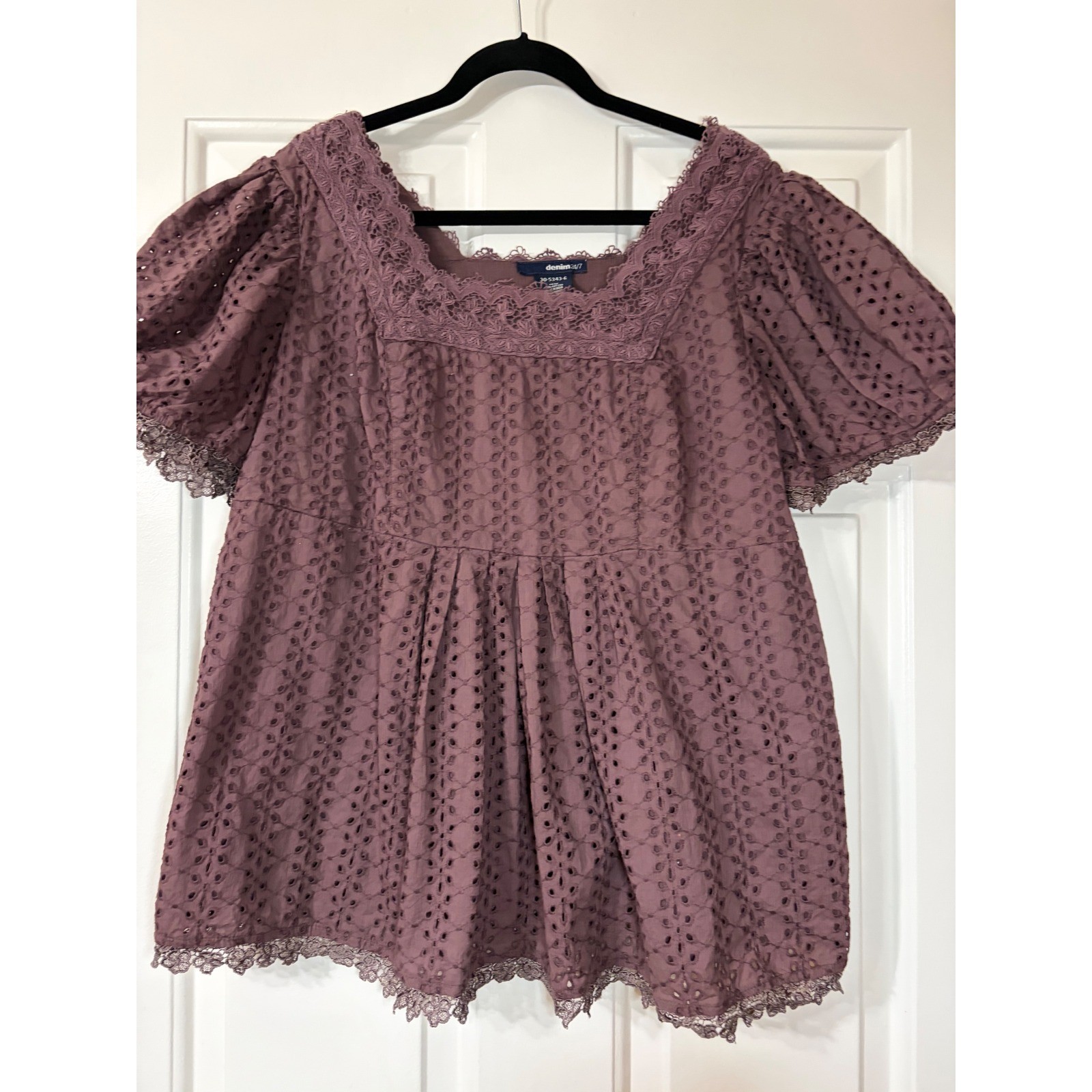Denim 24/7 | Eyelet Lace Puff Sleeve plus size Babydoll Blouse | 16W| Plum|
