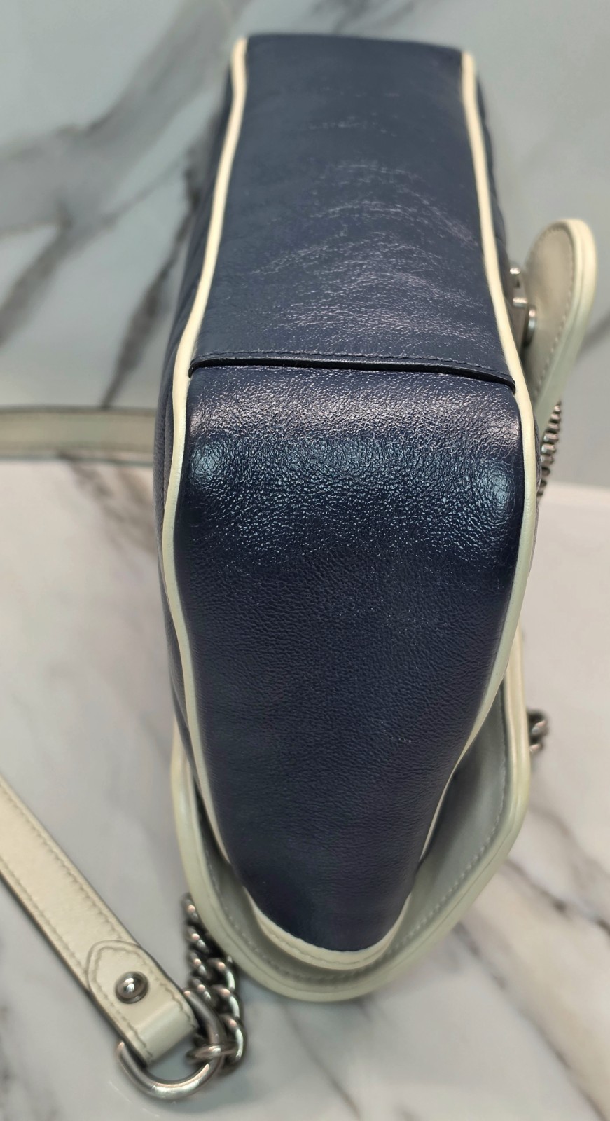 Gucci GG Vintage Effect Marmont Blue Chevron Matelasse Shoulder Bag MSRP: $2,590