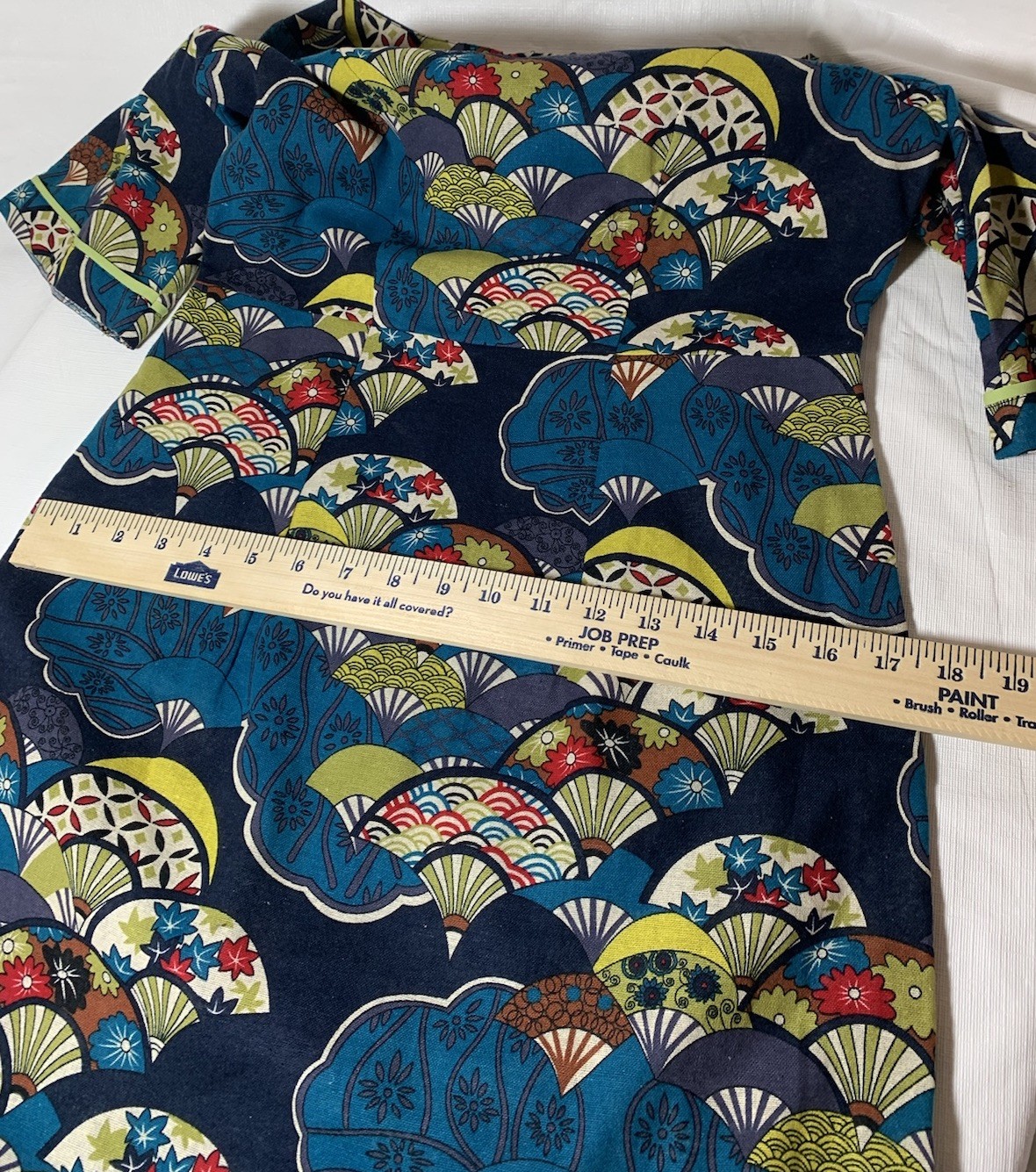 HANDMADE UKIYOE STYLE NAVY BLUE COTTON LINEN FABRIC WITH COLORFUL FAN PATTERN
