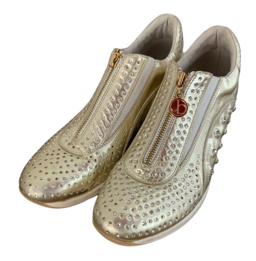Jessica Bennett Gold Sneakers Rhinestone Wedge size 10 Center Zip