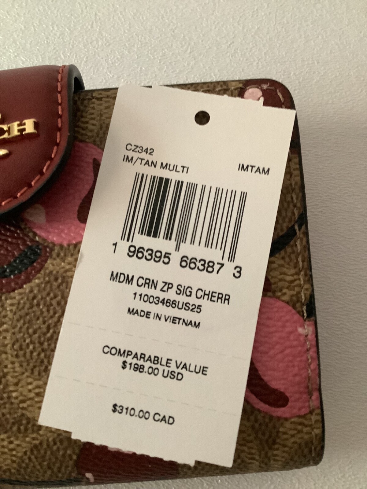 Coach Med Corner Zip Wallet Clutch CZ342 Brown Signature Canvas Cherry Print NWT