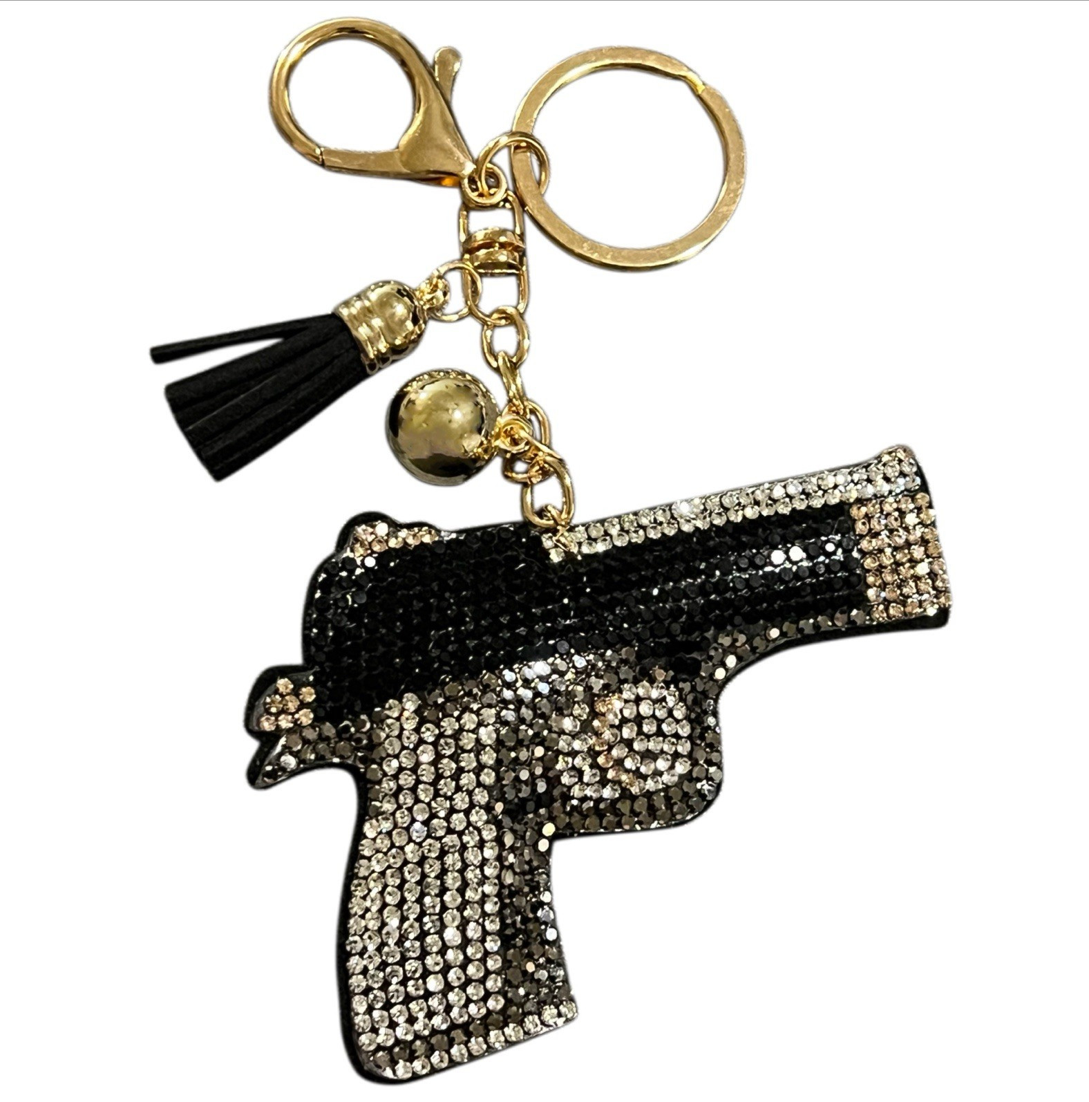 Rhinestone gun charm keychain/ bag charm. Black tassel. Western.