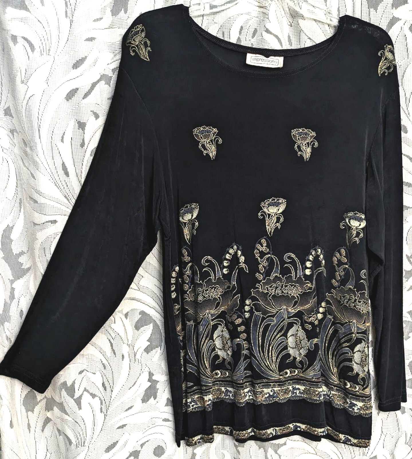 XL IMPRESSIONS Soft Slinky Stretch Knit Long Sleeve Floral Shimmer Top Vintage