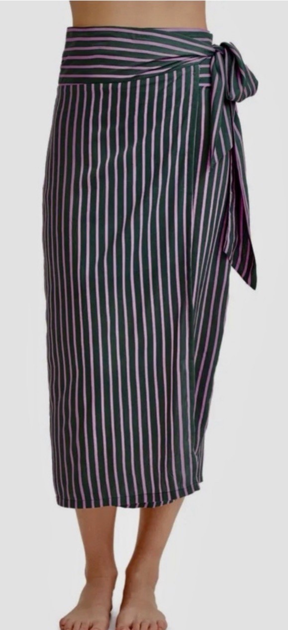 NWT Au Naturel Gottex Resort pink green stripe long sarong skirt swim cover-up L