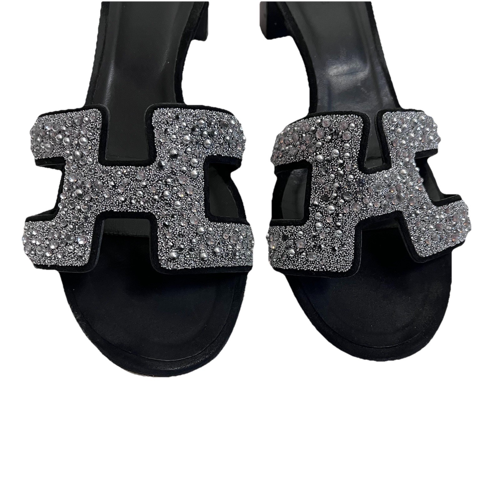 Hermès Oran Crystal Heeled Mule Sandals Black Leather 40 Silver Glitter Heels