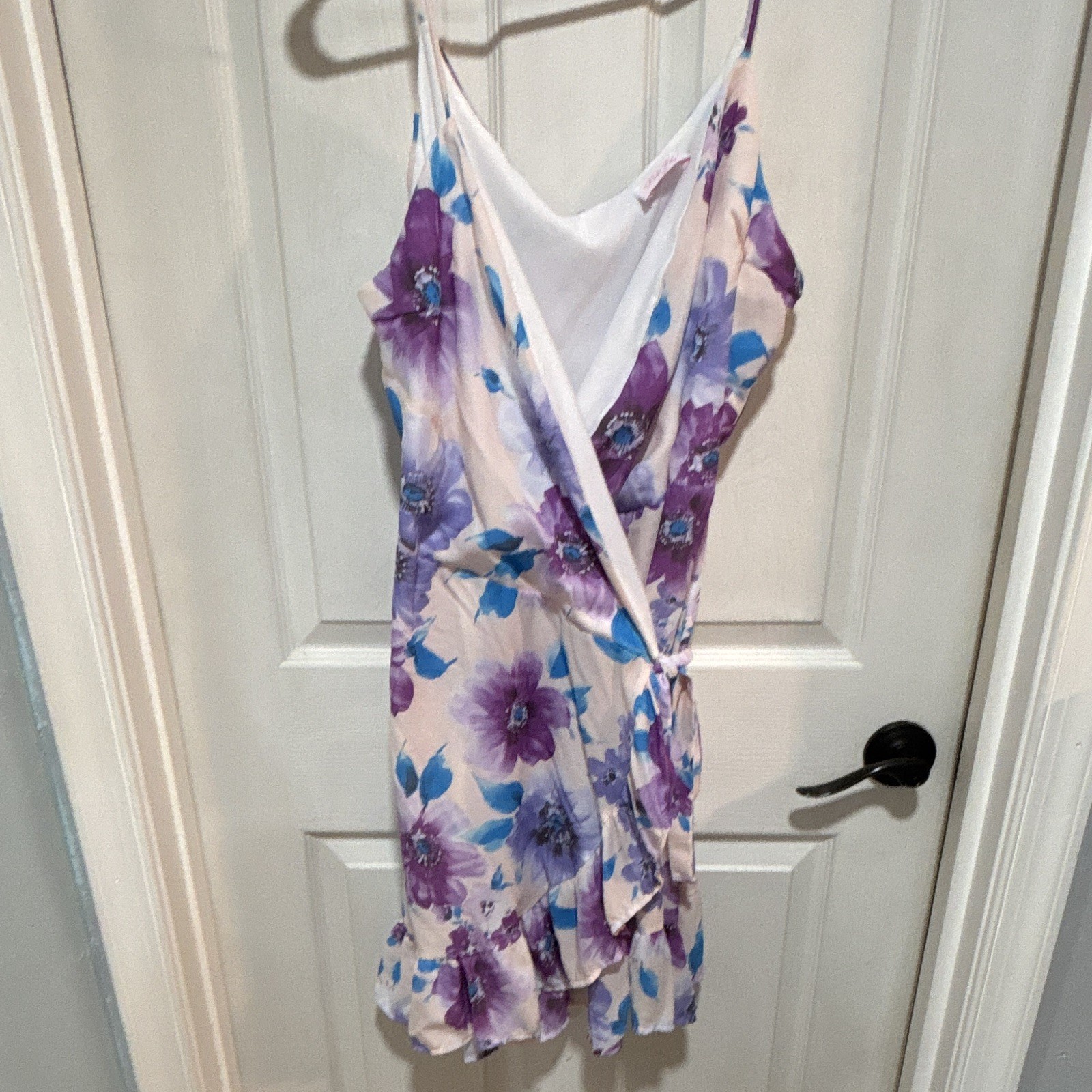 Pink Lily Floral Wrap Tie dress S White Purple Blue Ruffle V-Neck Strap