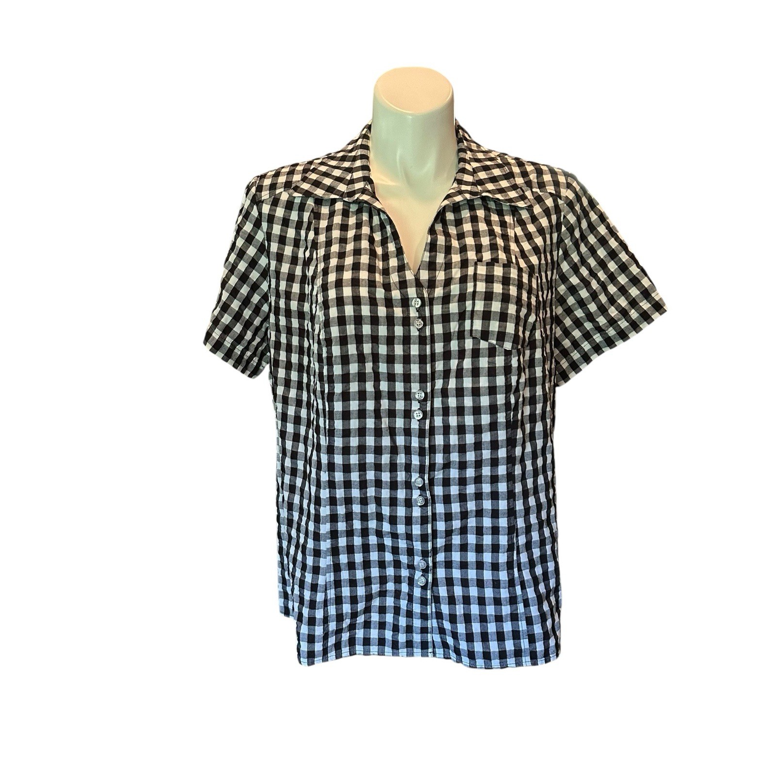 Requirements Women’s 1X Plus Black Checked Gingham Short Sleeve Button Shirt Top