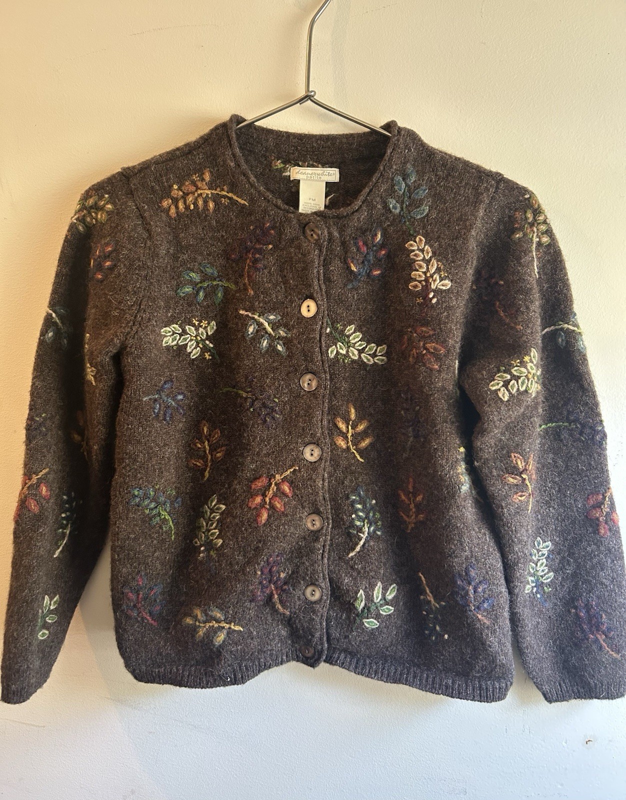 90’s Deane & White Brown 100% Wool Fall Leaves Embroidered Sweater SZ Petite M