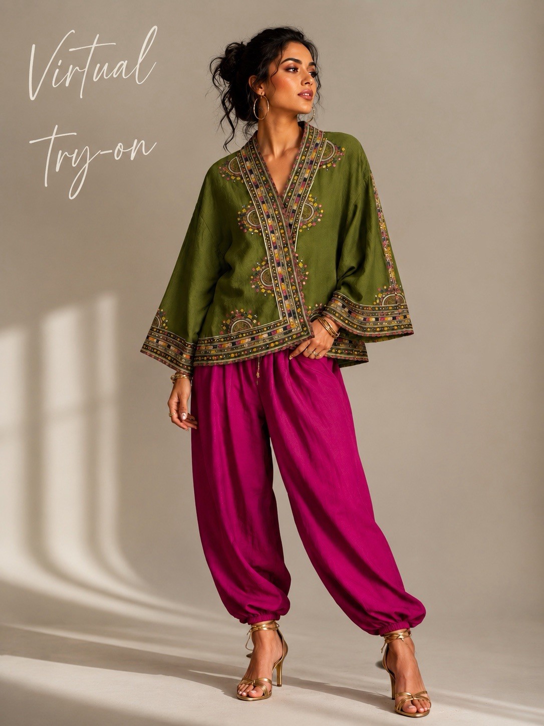 ETHNC Olive Embroidered Kimono Jacket Button Sequin Lightweight Women M