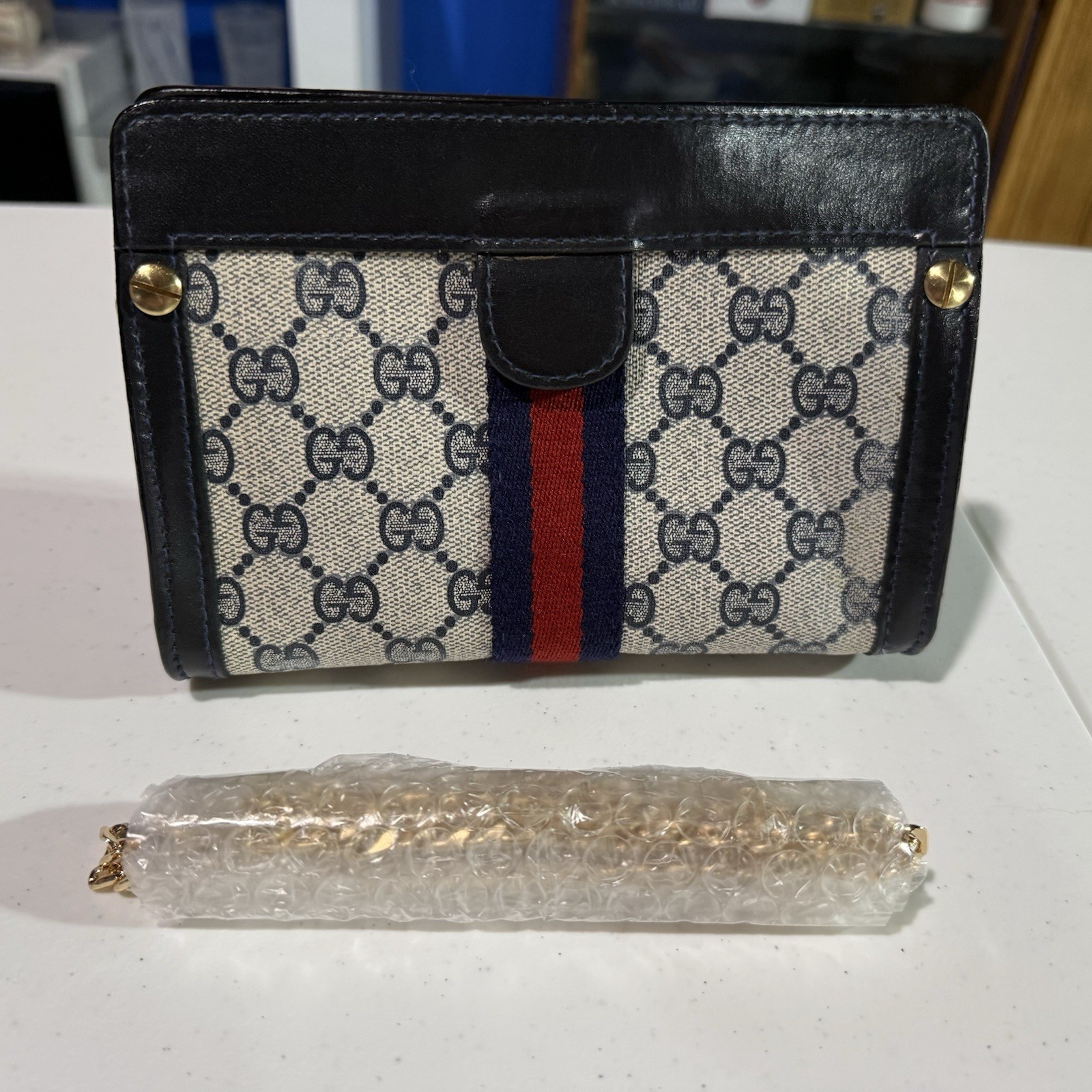Vintage Gucci GG Supreme Web Stripe Clutch Bag Ophidia Canvas Leather Italy