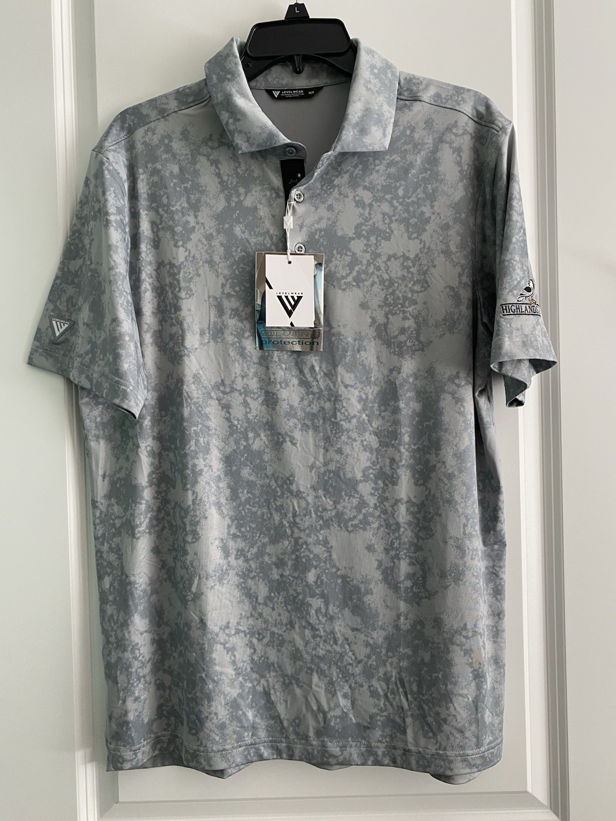 NEW Golf Polo Shirt Mens Size M Gray Abstract Level Wear Silver Plus Protection