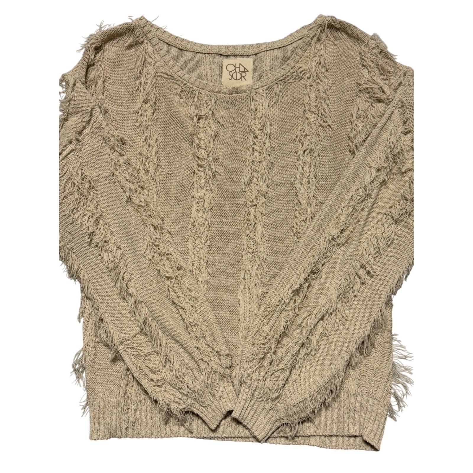 Chaser Womens Beige Distressed Fringe Knit Pullover Sweater CW7423 Small
