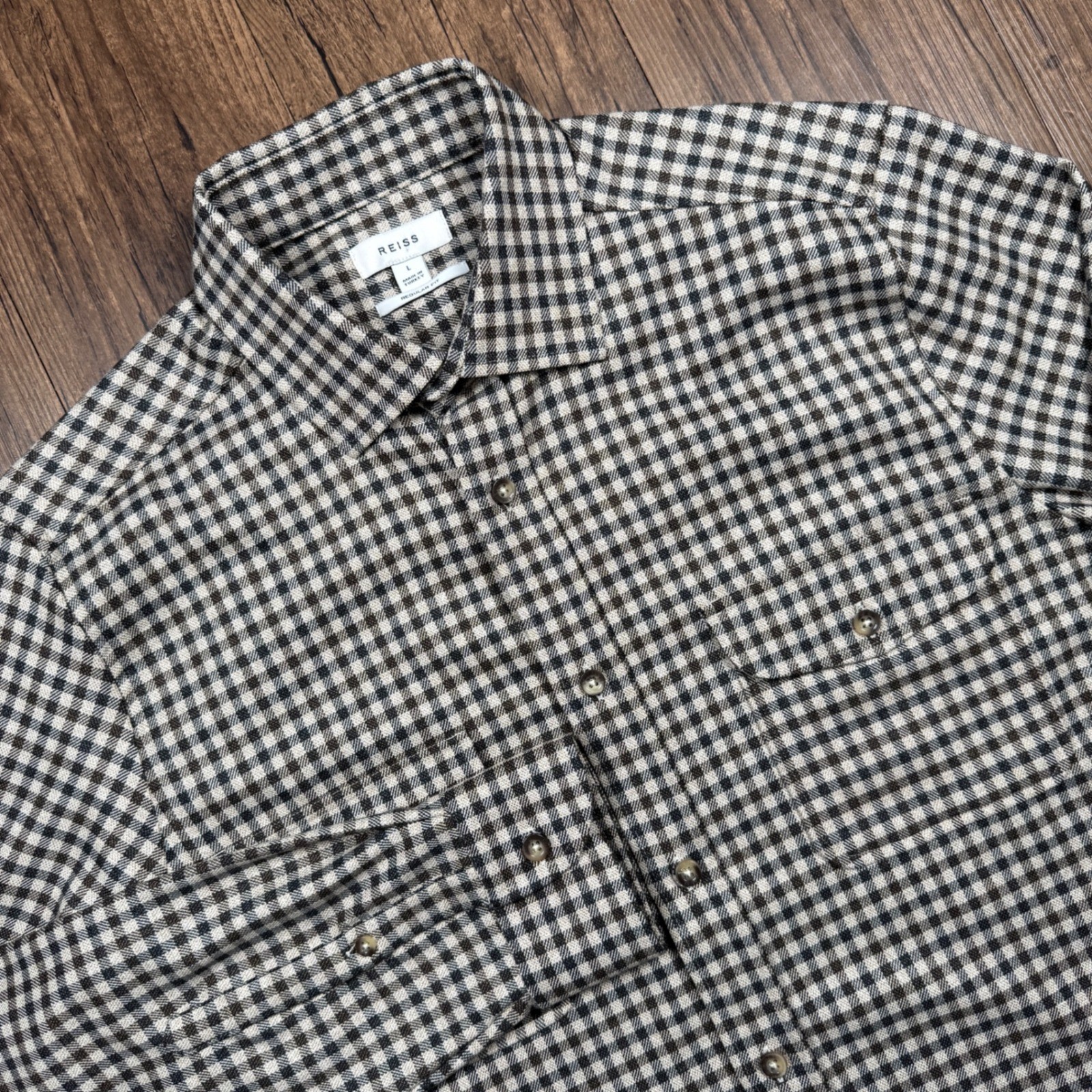 Reiss Tremont Flannel Shirt Mens L Brown Tan Regular Fit Micro Check Button Down