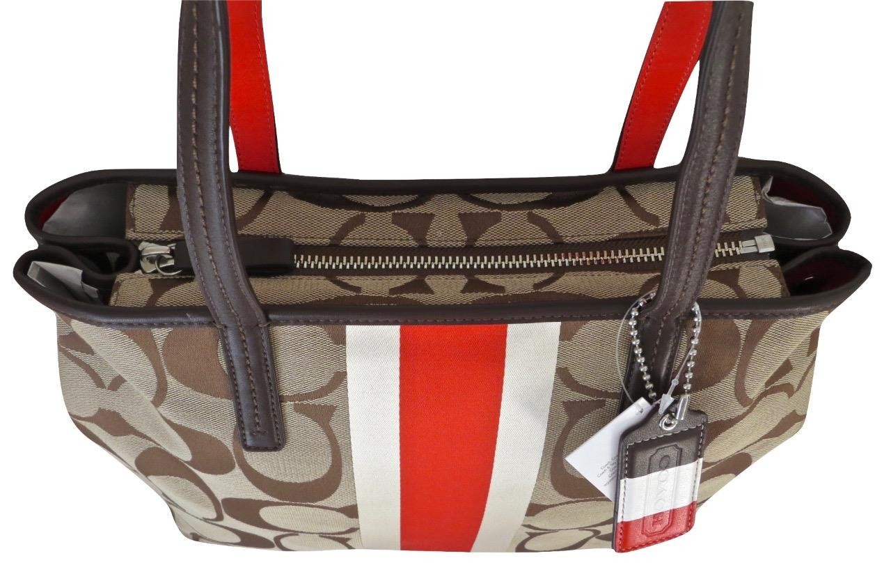 New NWT Coach Hamptons Khaki Vermillion Signature Stripe Tote Purse 19999 RARE