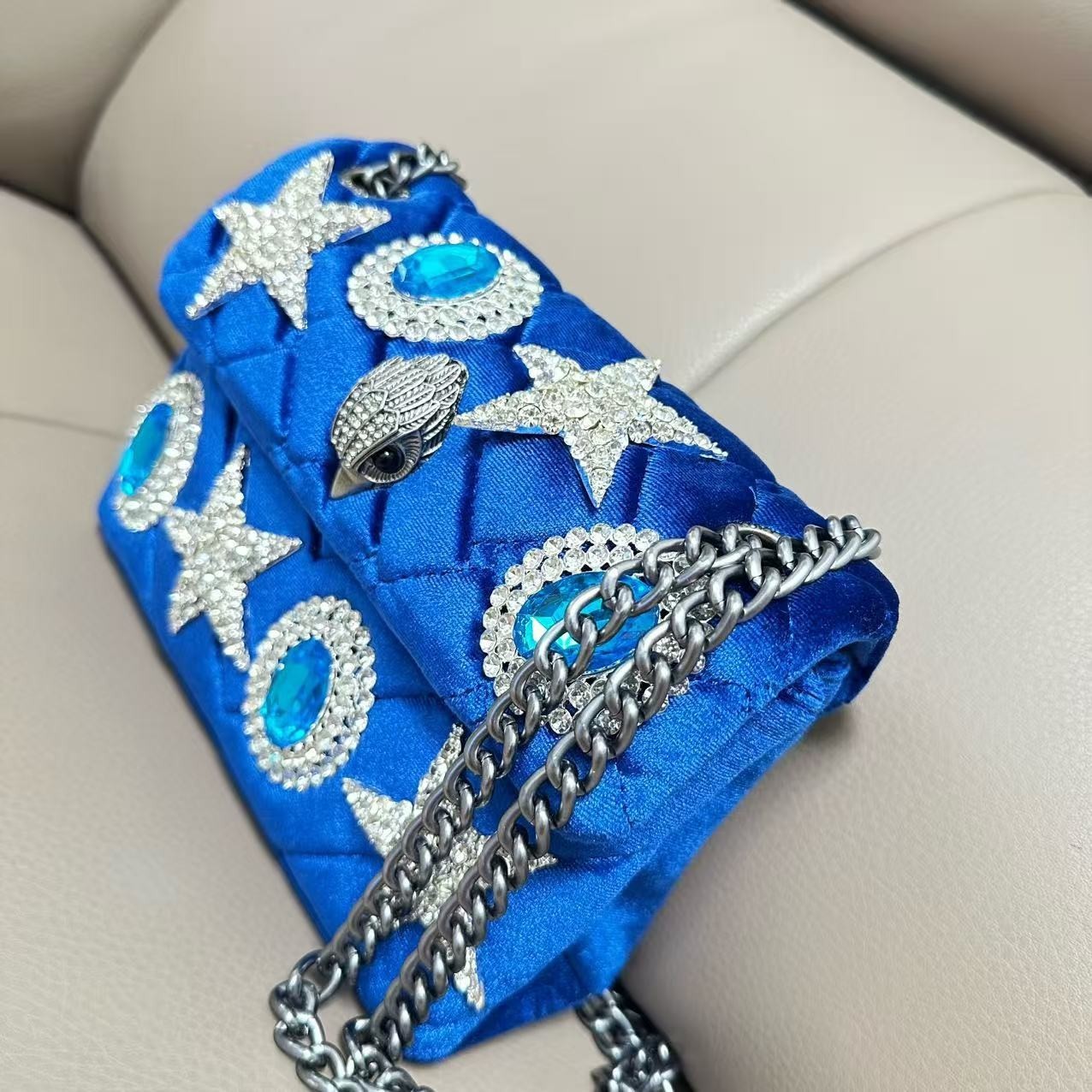 Kurt Geiger London Cobalt Velvet Quilted Crossbody Silver Eagle Star 20×8×15 cm