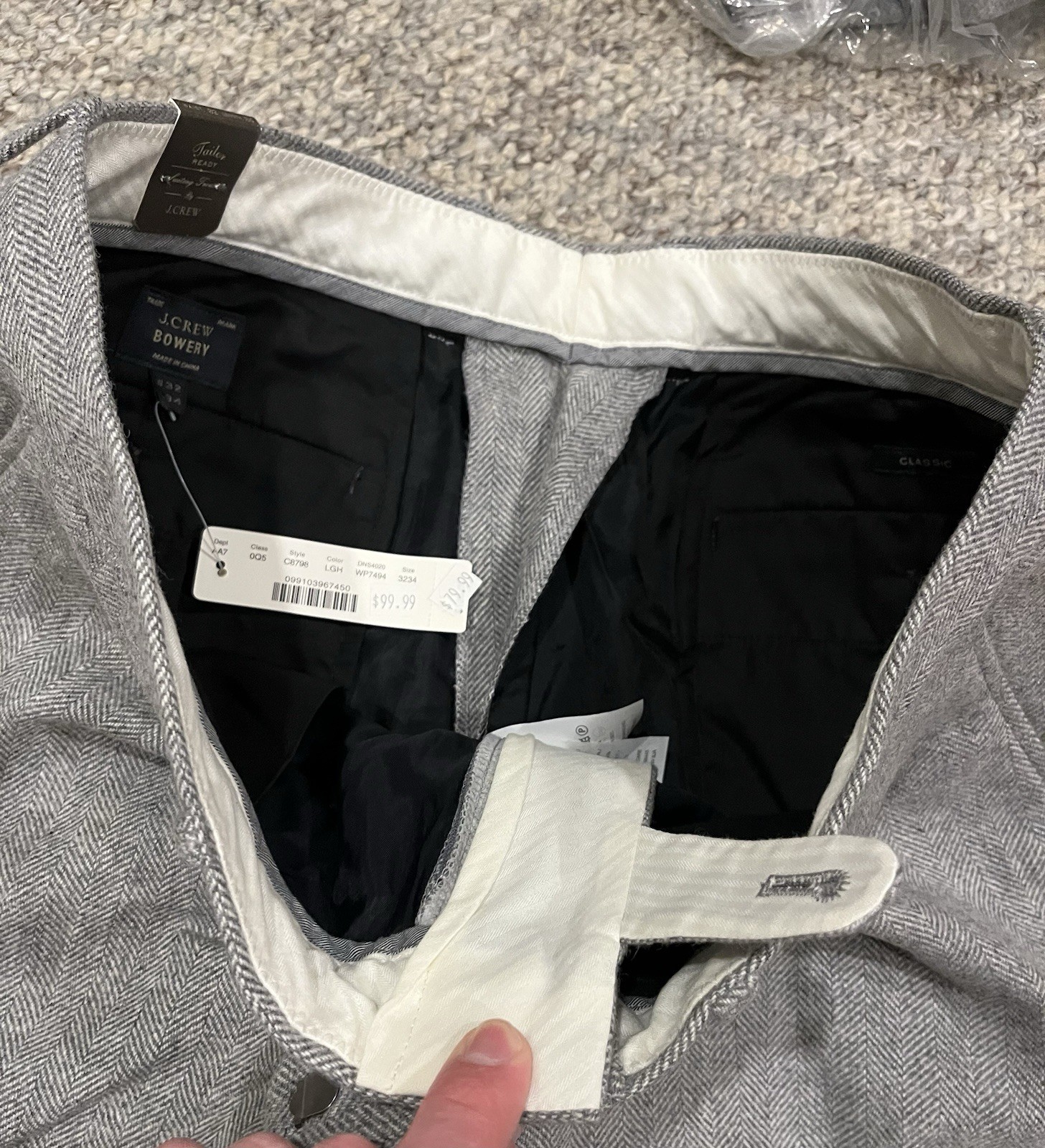 Men’s J.Crew Bowery Wool Herringbone Light Gray Pants – Size 32×34