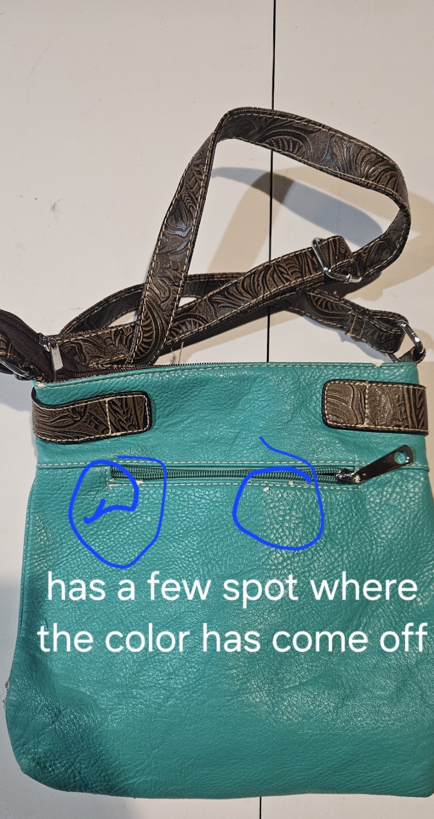 Turquoise/Brown Western Crossbody Bag Embossed Cross Accent Zip, Pockets Lined
