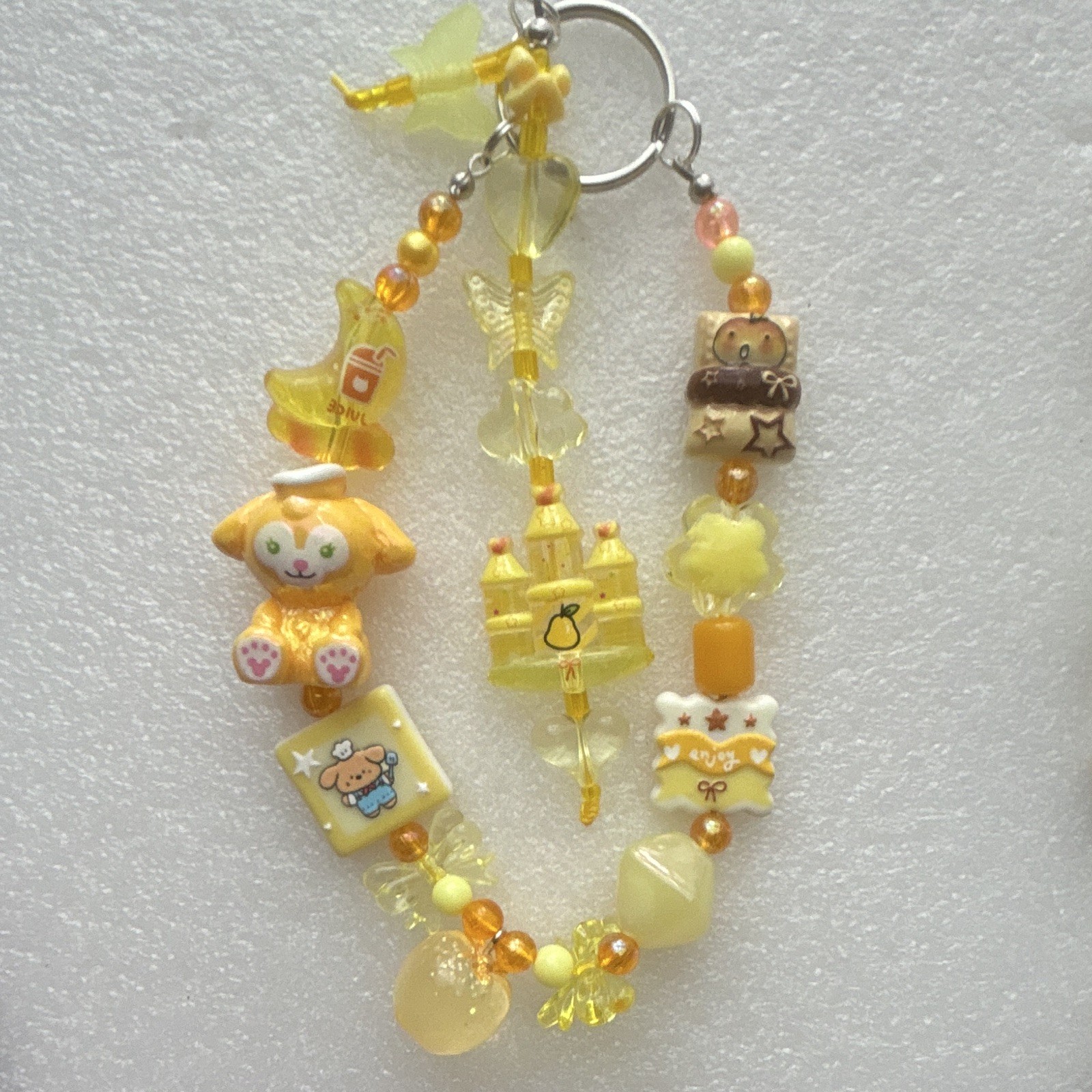 2 Kawaii Bunny Beaded Key Chain Keyring for Women, Yellow White Iridescent