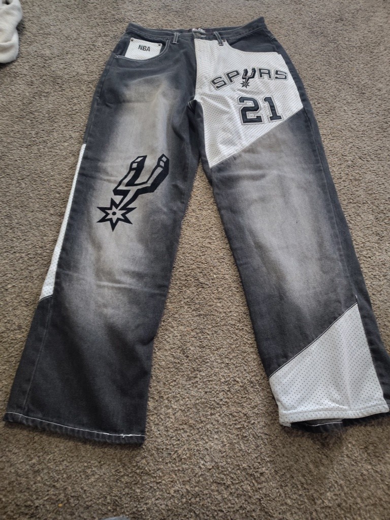 UNK Denim NBA Spurs Tim Duncan 21 Embroidered Straight Jeans Black White Men