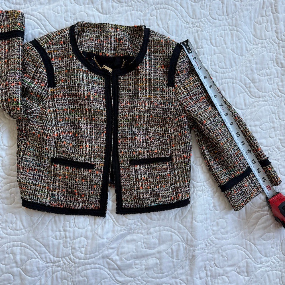 Trina Turk Multicolor Tweed Black Trim Cropped Career Blazer Jacket Womens 0 EUC