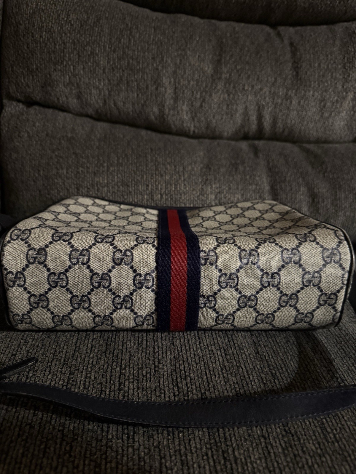 Authentic GUCCI Ophidia Navy Monogram Canvas Crossbody Bag.