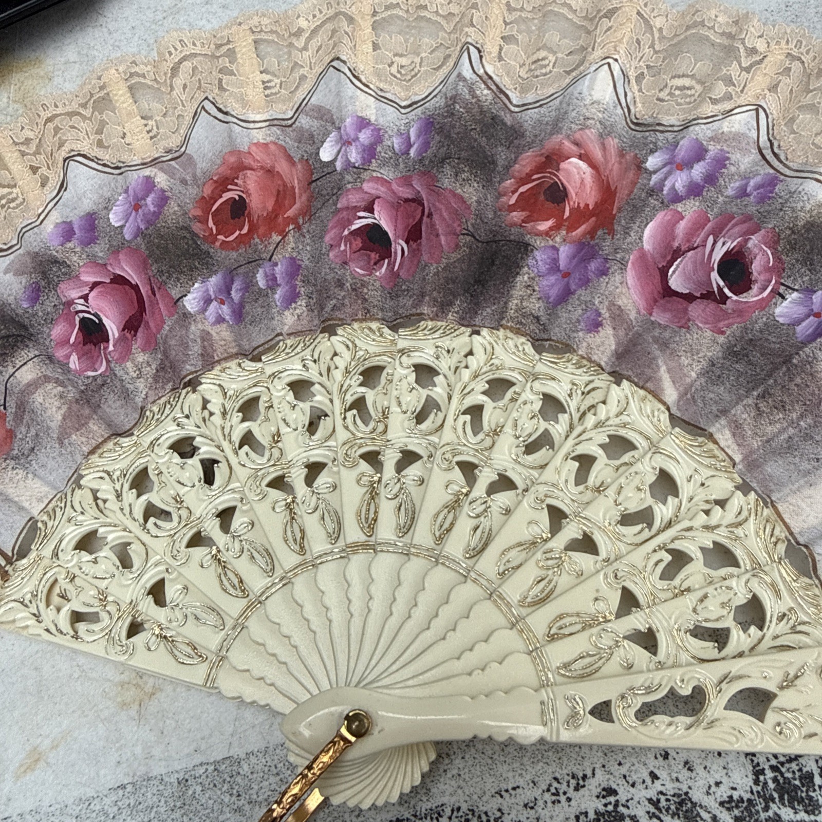 Victorian Style Multicolor Floral Hand Fan Black Lace Trim Fabric Plastic