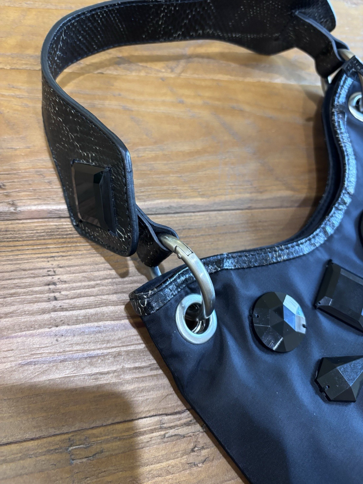 Vintage EXTE Italy Metallic Python Leather & Nylon Crystal Crescent baguette bag