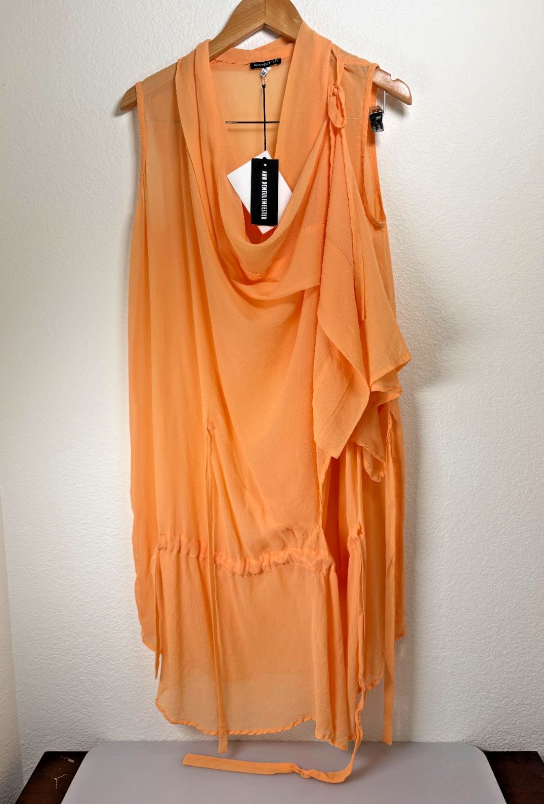 Ann Demeulemeester Size 38 Silk Apricot Sheer Draped Sleeveless Shirt NWT