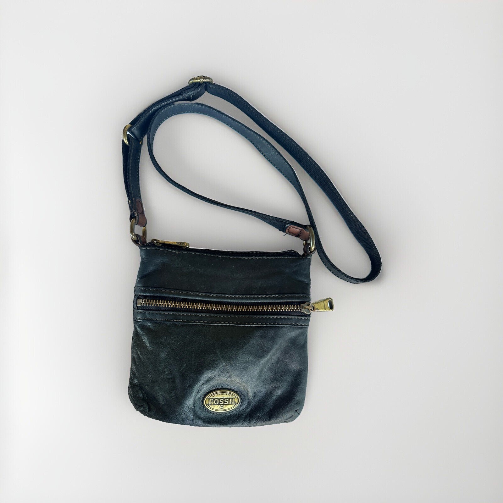 Distressed Fossil Black Leather Crossbody Bag with Front Zip Pocket & Logo