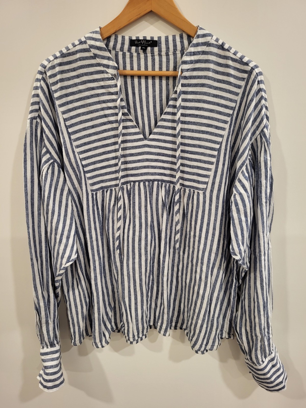 Velvet Heart Vince Striped Linen Blend Babydoll Top Puff Sleeve Oversized XL