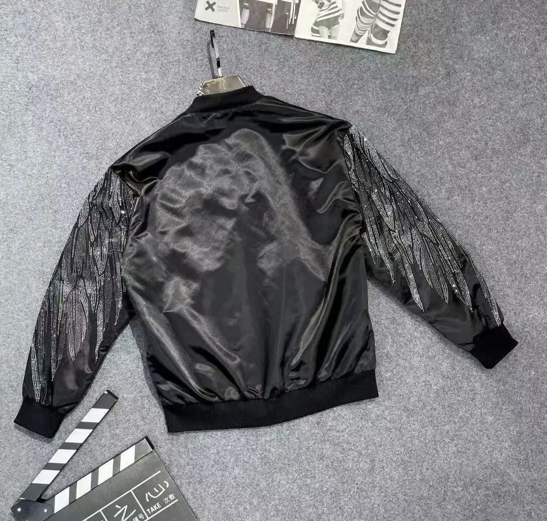New Men Luxury Diamond Wings Rhinestones Fashion Black Jacket Coat High Quality
