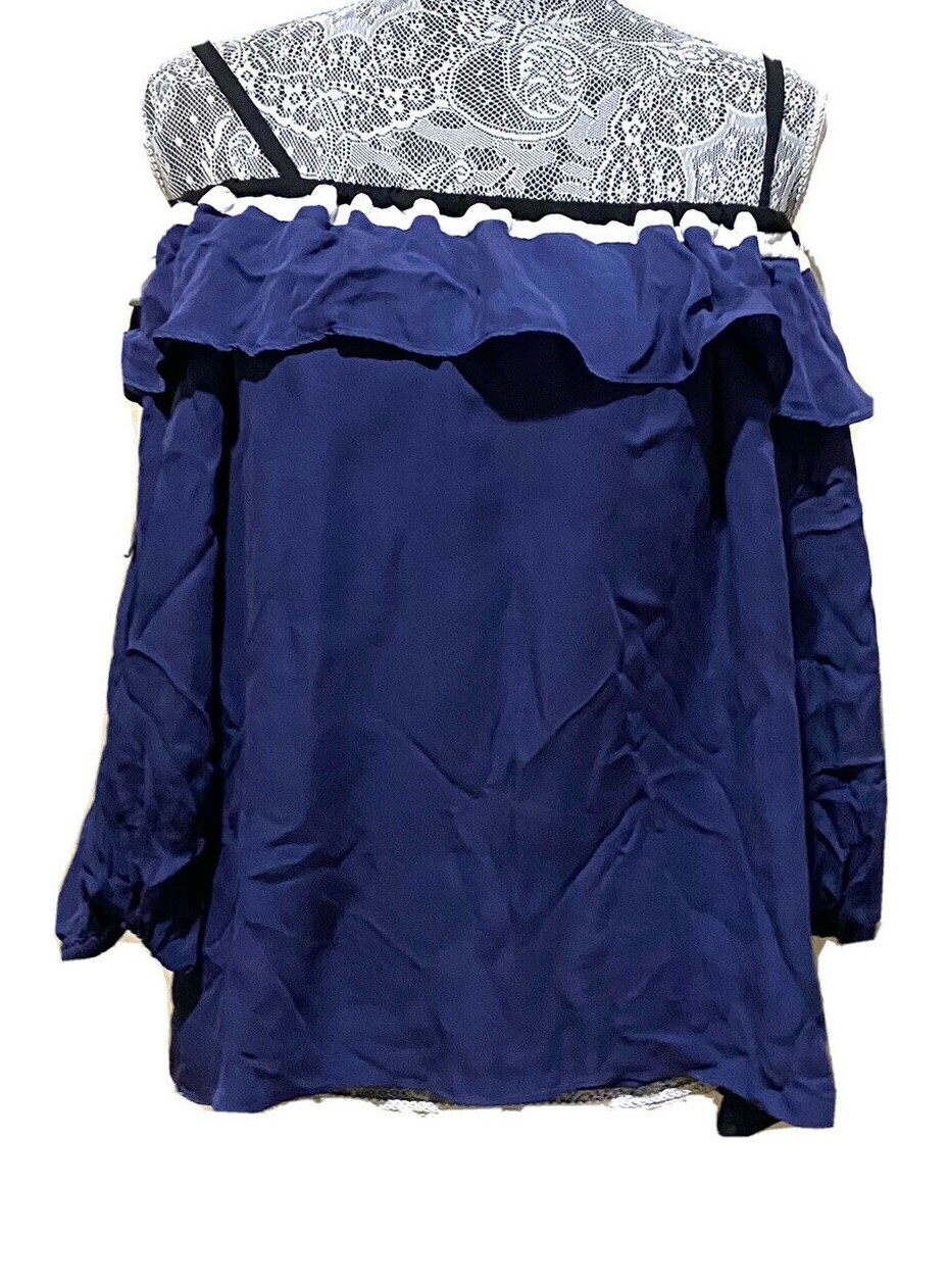 Parker Silk Tunic Top Blue Off Shoulder Ruffle Overlay Spaghetti Strap Shirt