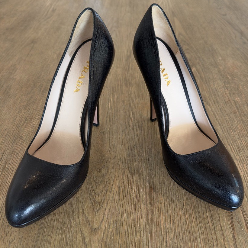 PRADA 120mm Saffiano Pumps-Italian Designer Black Round Toe High Heels-Sz US 8.5