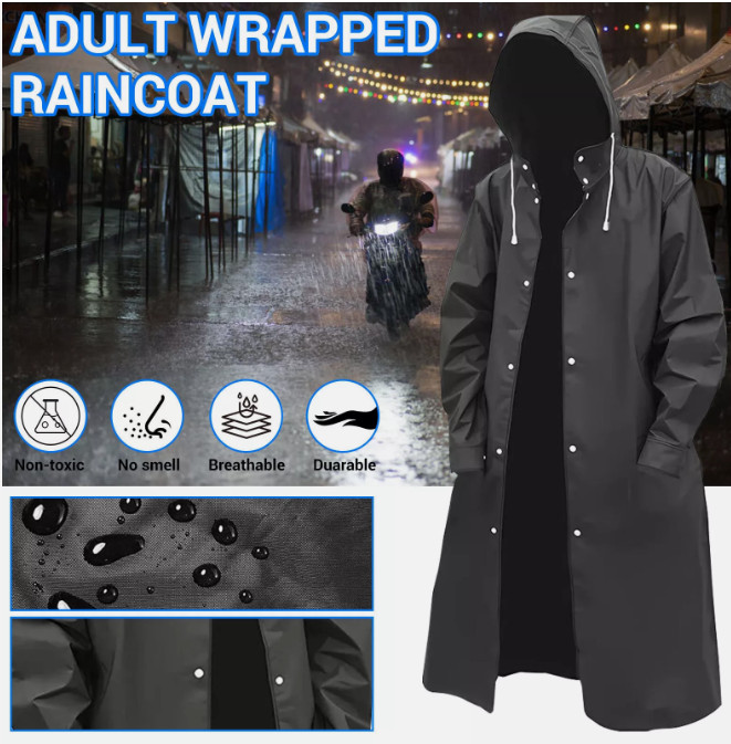 Men/Women Black Waterproof Raincoat Rain Coat Trench Poncho Rainwear Jacket