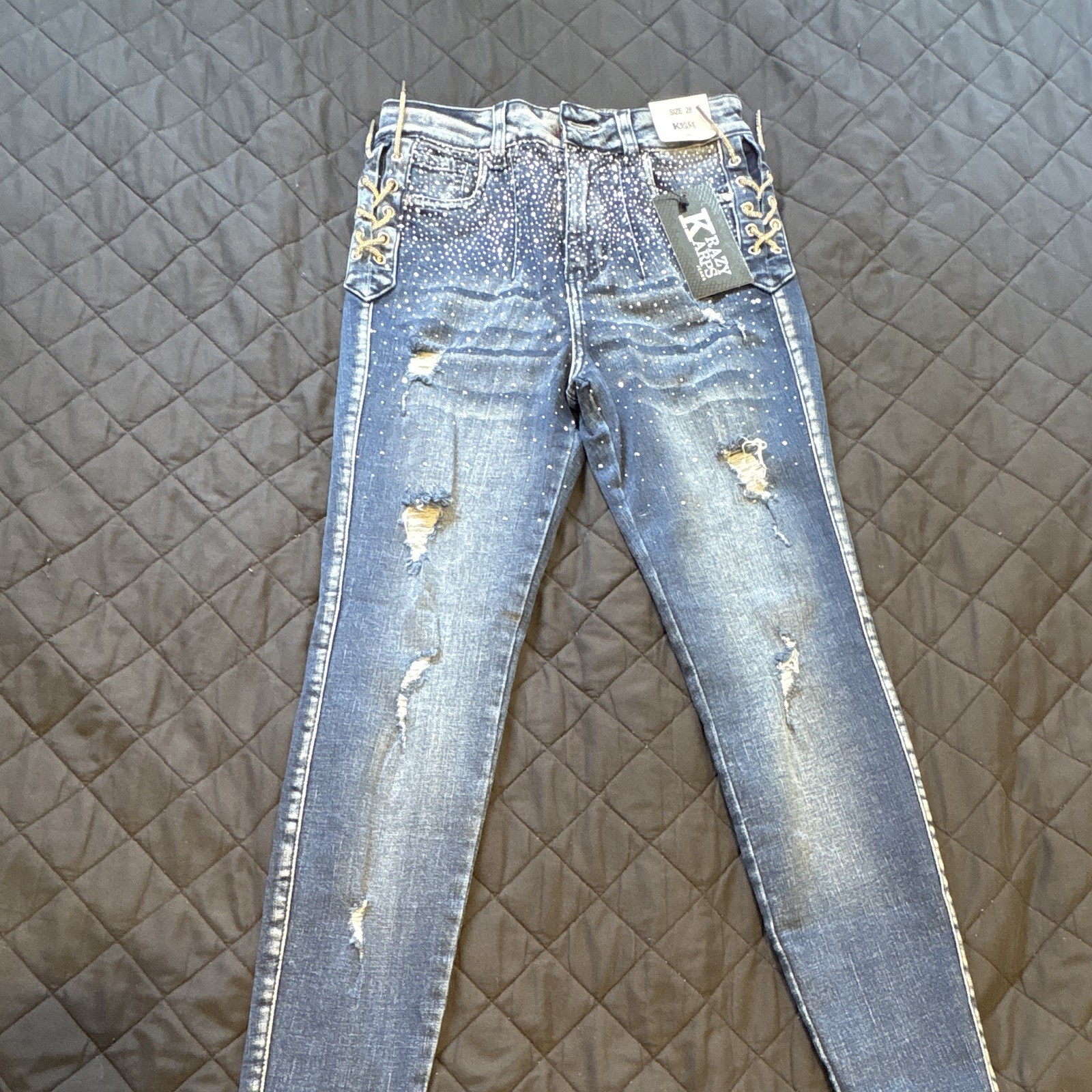 Kancan Women’s Blue Medium Wash Skinny Jeans Lace-Up Rhinestone Stretch 5-Pocket