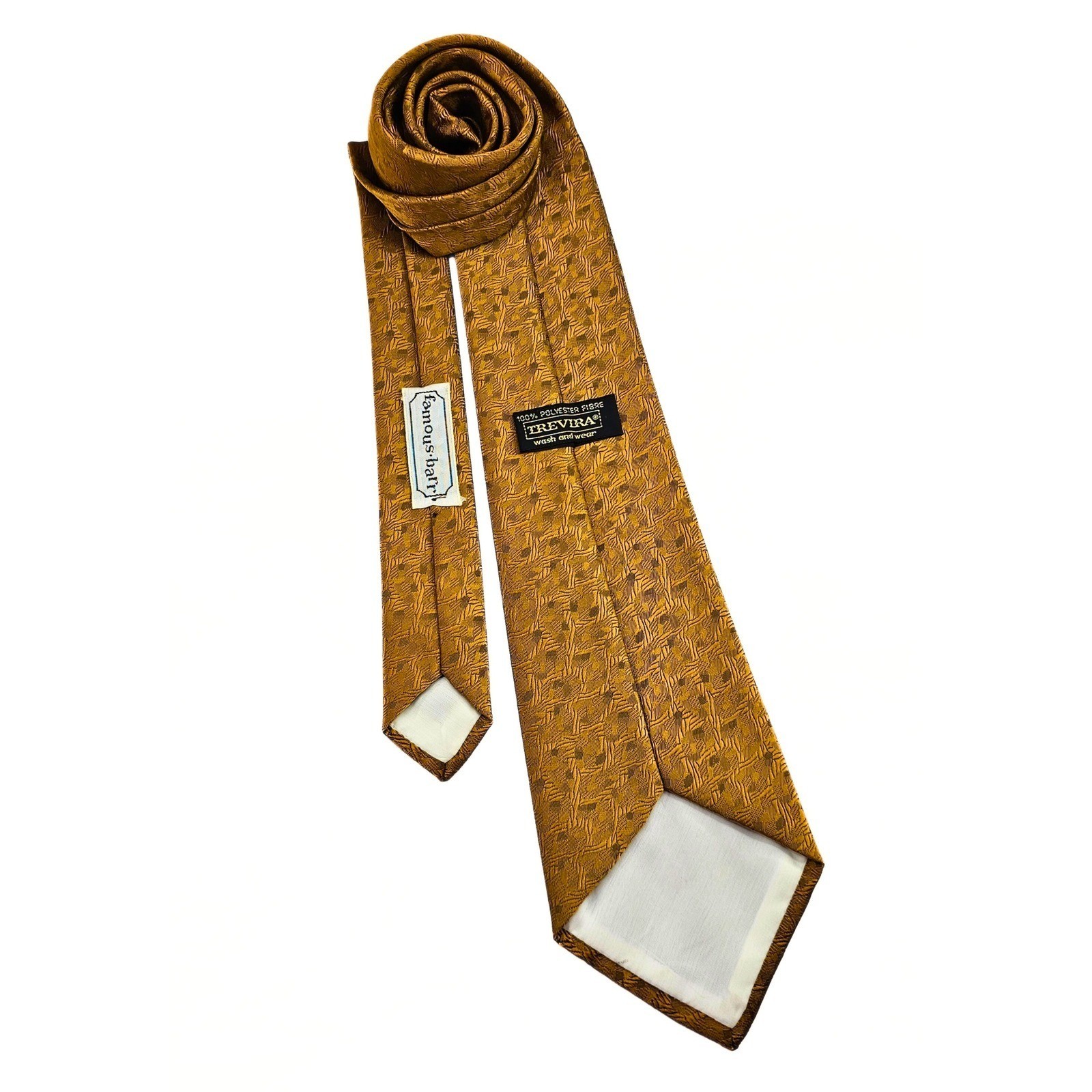 Vintage Famous Barr Trevira Gold Patterned Necktie Men’s Business