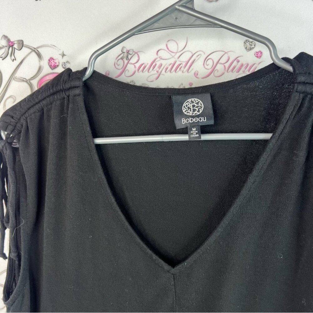 Bobeau tank top cinch tie ups shoulders ribbon luxe Black V-Neck Blouse