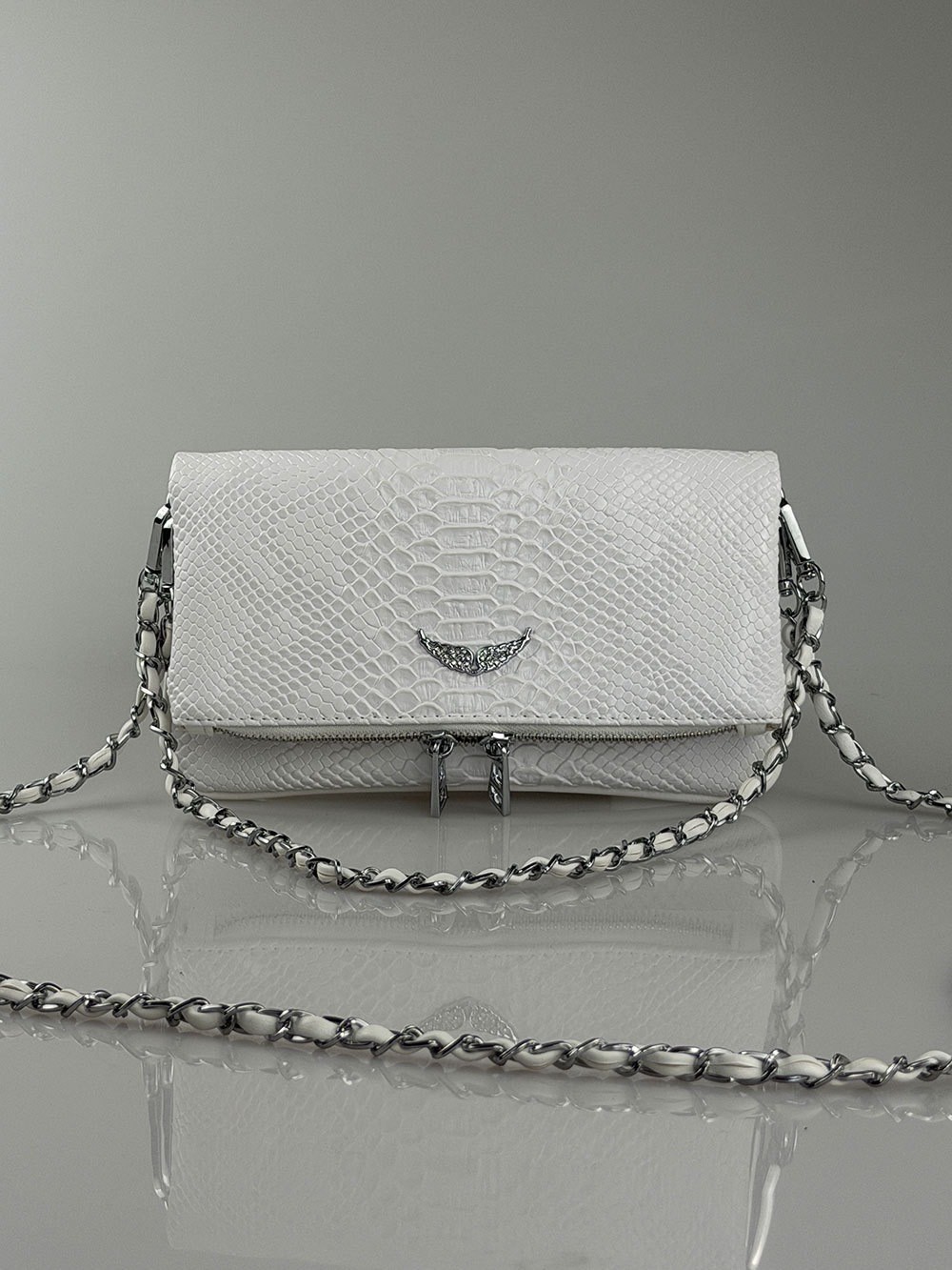 Zadig & Voltaire Rock Wing White Snake Embossed Leather Crossbody Bag 22x15cm