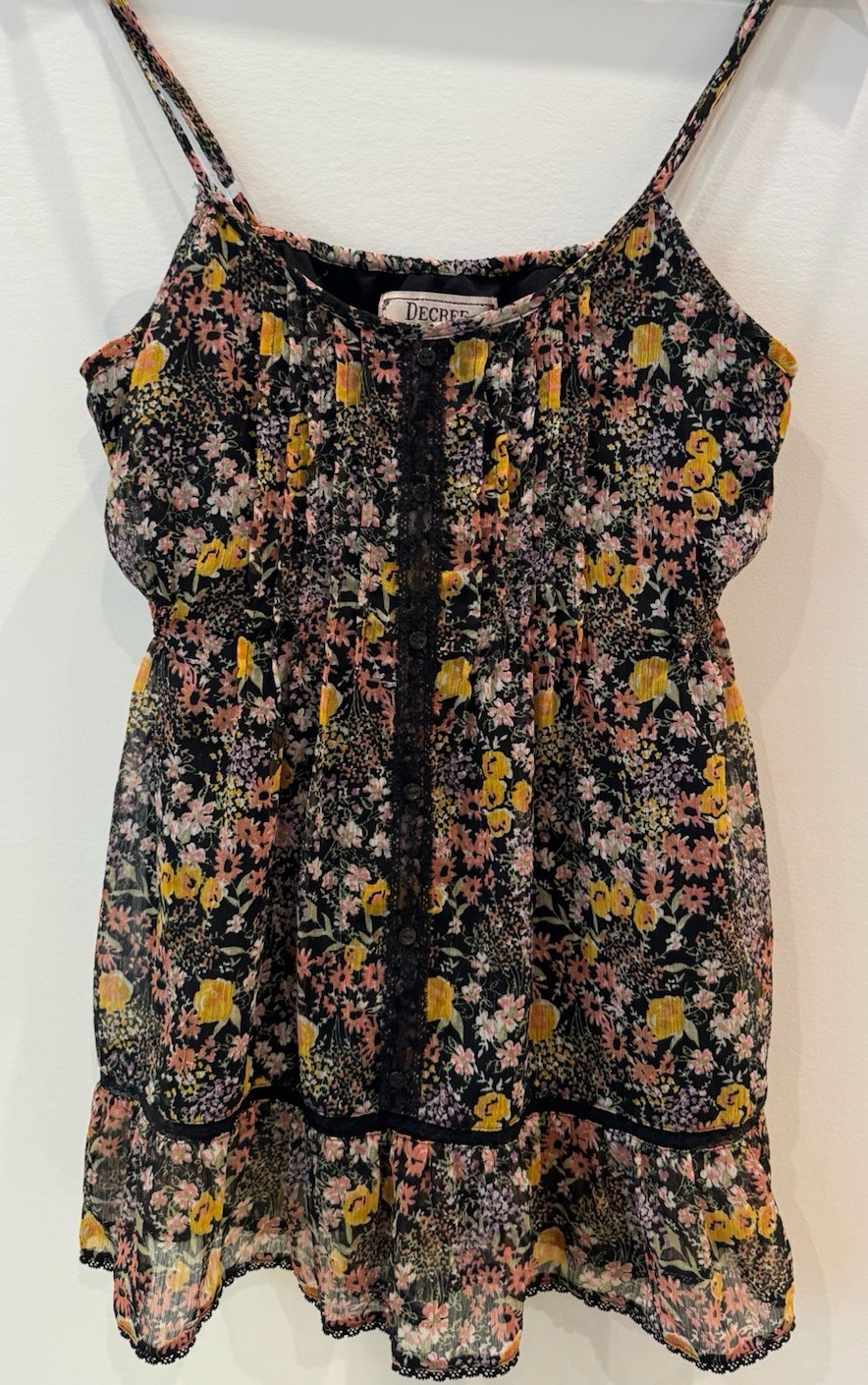 Y2K Decree Juniors Floral Chiffon Tank Top M Lace Trim Boho Ruffle Hem Lined