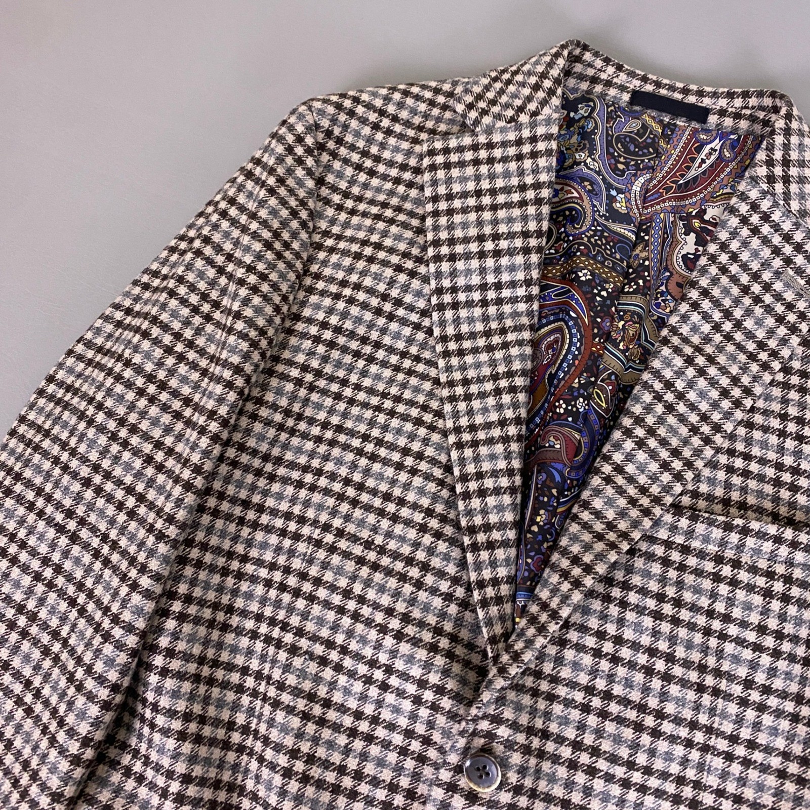 Tallia Houndstooth Blazer Mens 44R Brown Slate Blue Wool Sport Coat Paisley Line