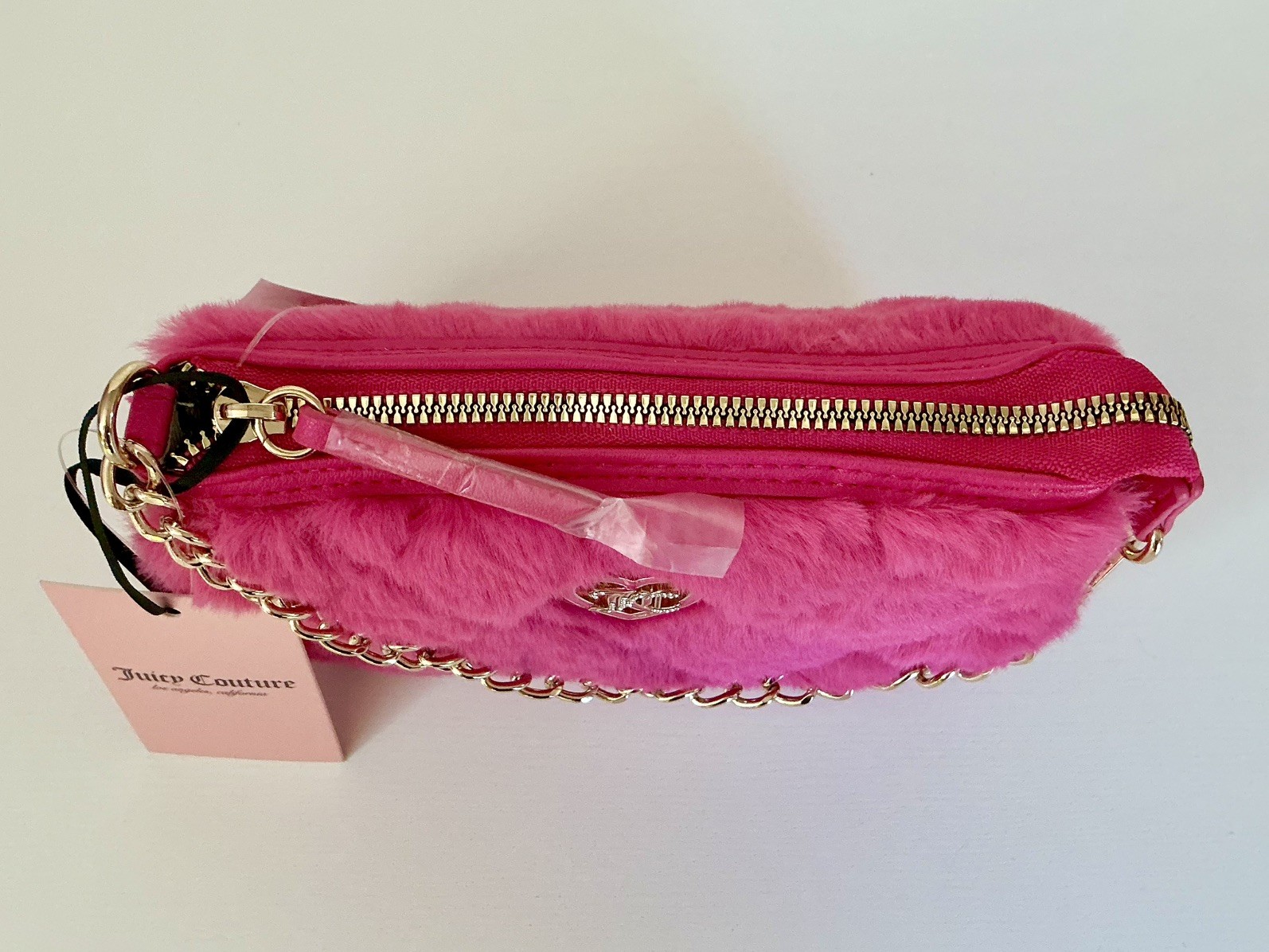 Juicy Couture Hot Pink Flash Faux Fur Get Cozy Mini Wristlet Purse Y2K style NWT