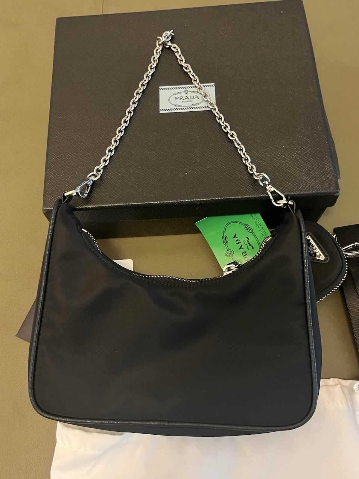 PRADA Re-Edition 2005 Black Shoulder Bag with Chain Strap and Detachable Pouch
