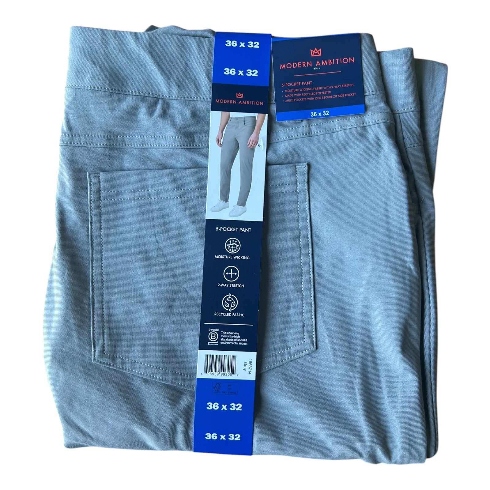 Modern Ambition Men’s 5-Pocket Pant Moisture Wicking Fabric Gray Size 36×32