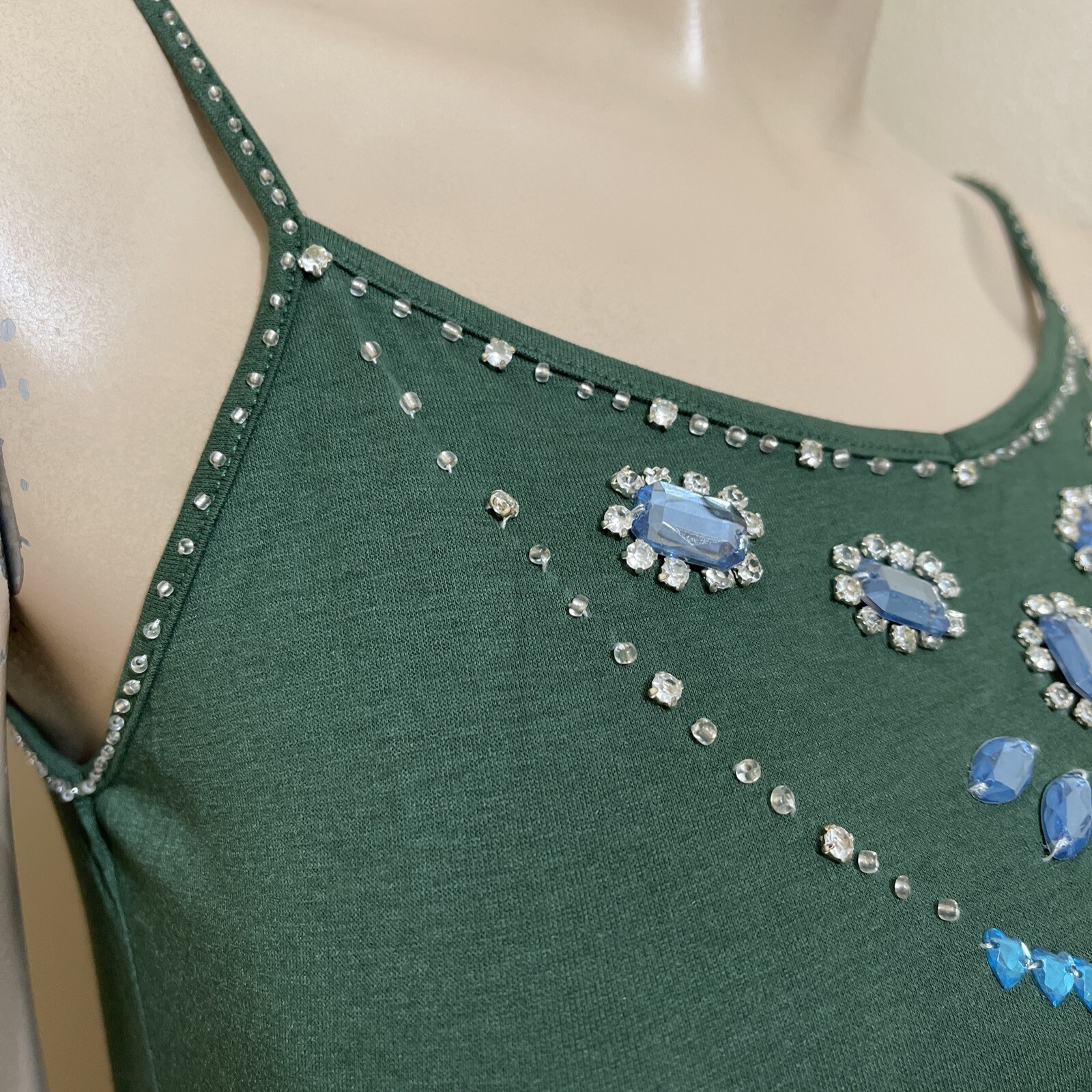 Women’s Green Polyurethane Casual Summer Stretch Slim Beaded Size S Blouse Top