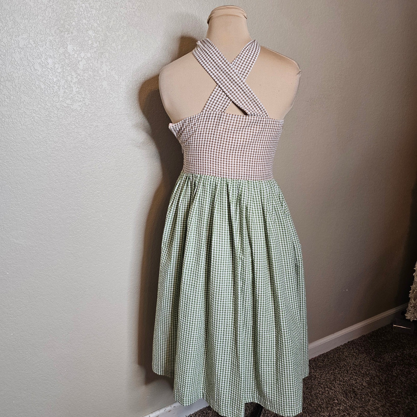 Gal Meets Glam Collection Gingham Halter Midi Dress Brown Green Size 0 Pockets