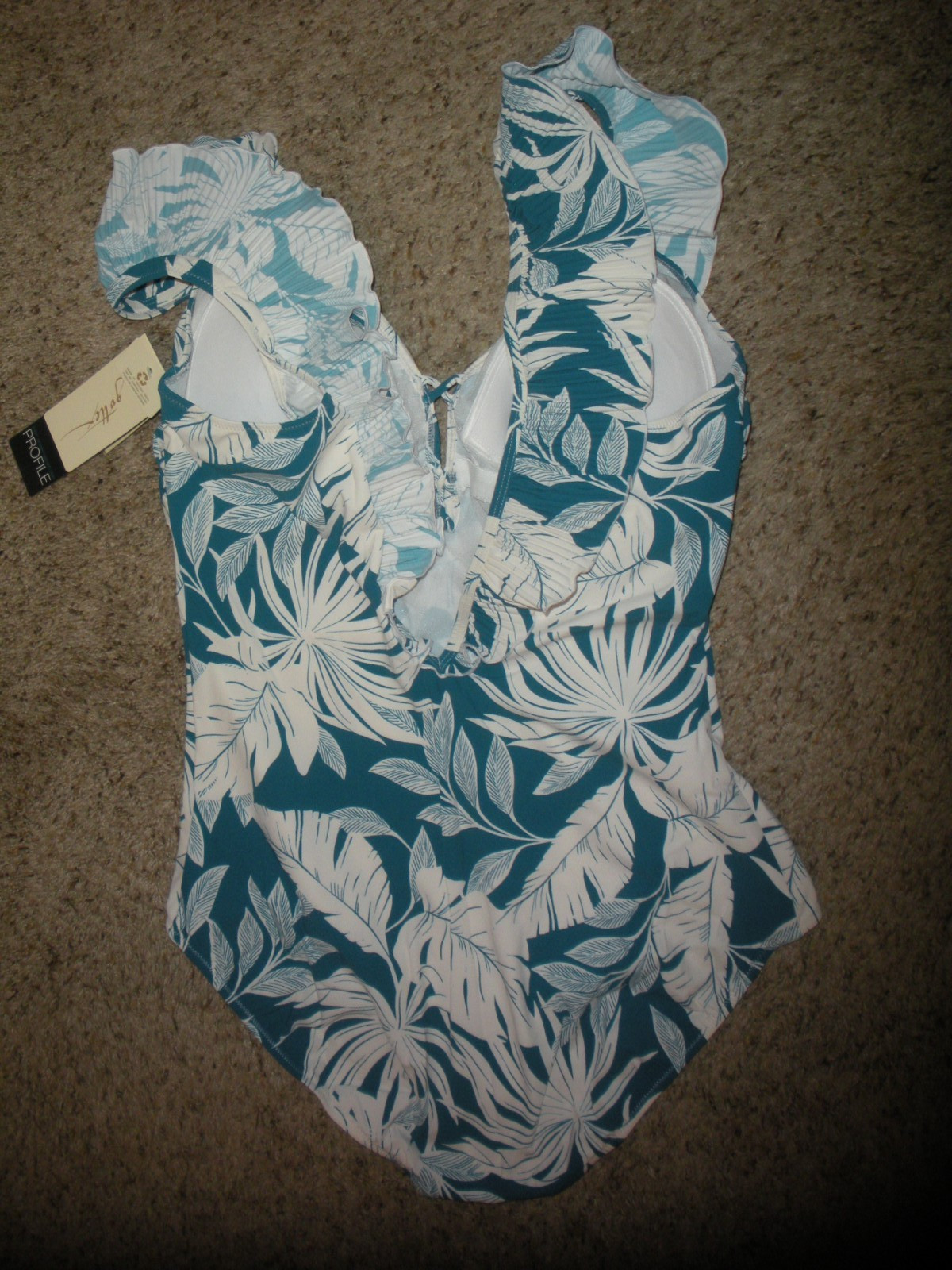 Profile by Gottex Teal Malaya 1 PC Ruffle Deep Plunge V Neck Swimsuit Sz 16 NWT