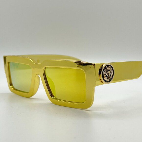 Trendy Square Frame Sunglasses Yellow Mirror Lens Thick Frame Street Wear Men