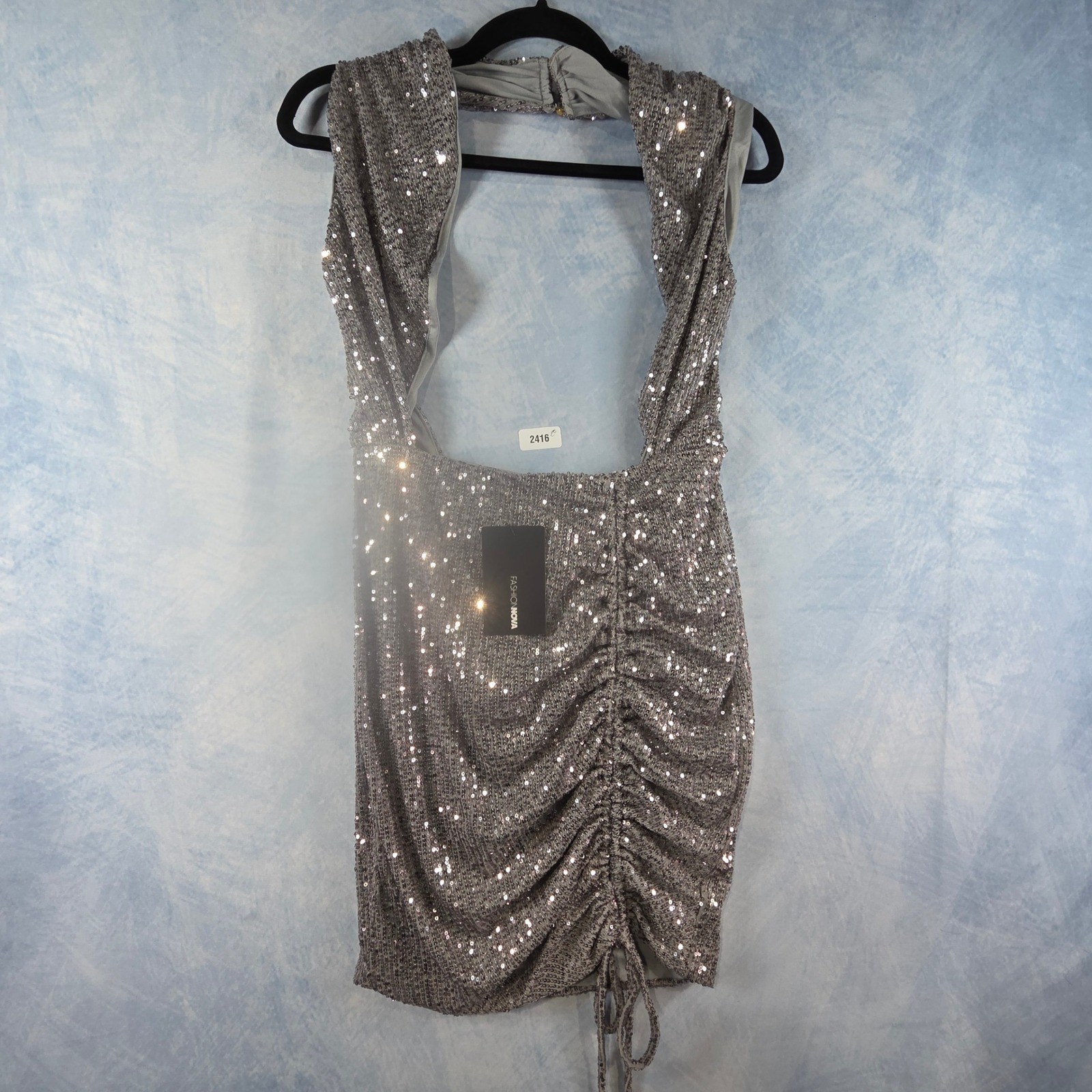 Fashion Nova Always Out Sequin Mini Dress Silver Grey Ruched Halter Open Back M