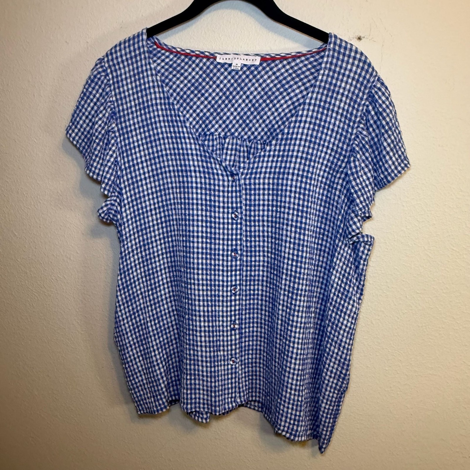 Jane + Delancey Women’s Blue and White Gingham Button-Front Ruffle Sleeve Blouse