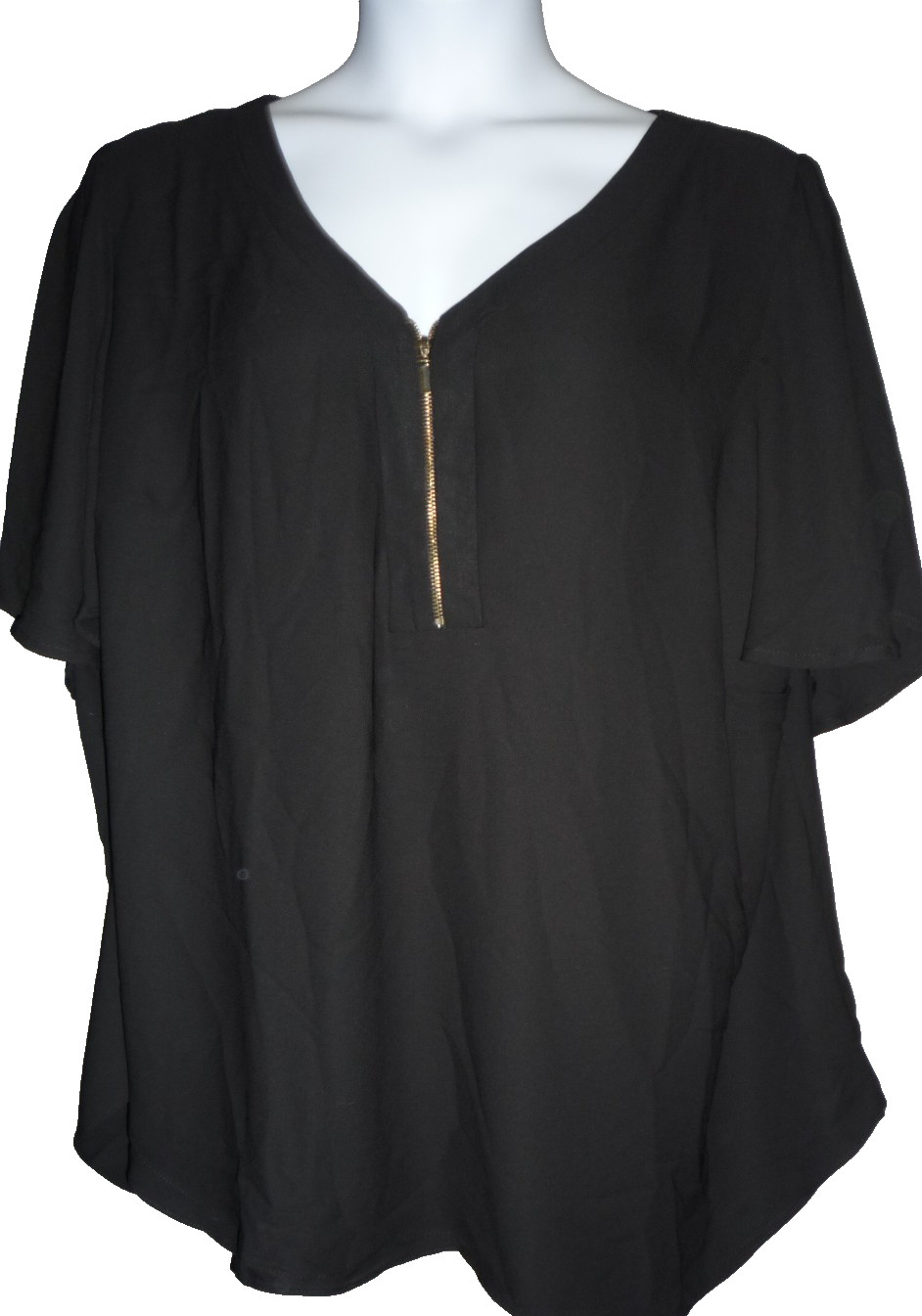 AVENUE Women’s Blouse 22/24 Golden Bling Zipper Black V-Neck Angel Sleeve Flowy